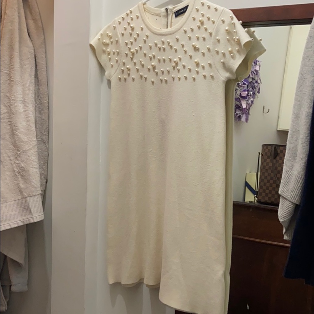 Cream knit dress with pearl detail
